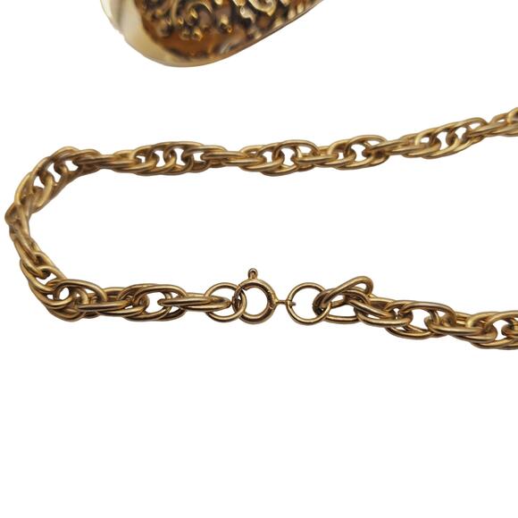 Oval Filigree Pendant Necklace Gold Tone Rope Chain Faux Black Onyx Vintage 70s - Picture 6 of 13